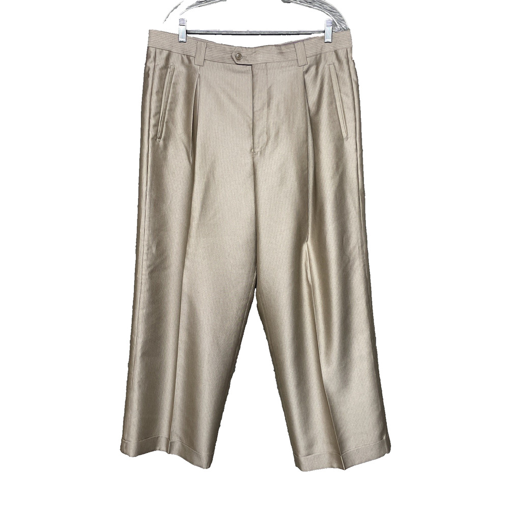 Earvin Magic Johnson Fits Men 37x28 Dress Pants Shiny Beige Stripe Pleated Italy
